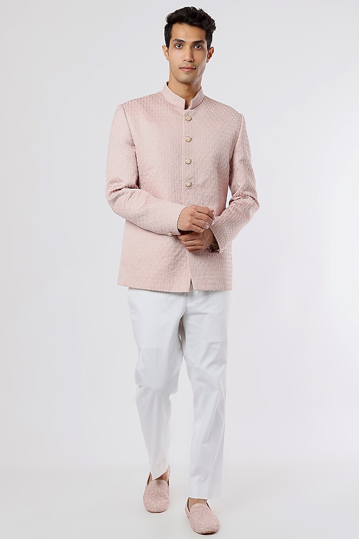 Blush Pink Jacquard Jodhpuri Jacket Set by Nero by Shaifali & Satya