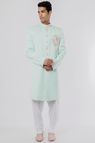 Sky Blue Hand Embroidered Sherwani Set by Nero by Shaifali & Satya