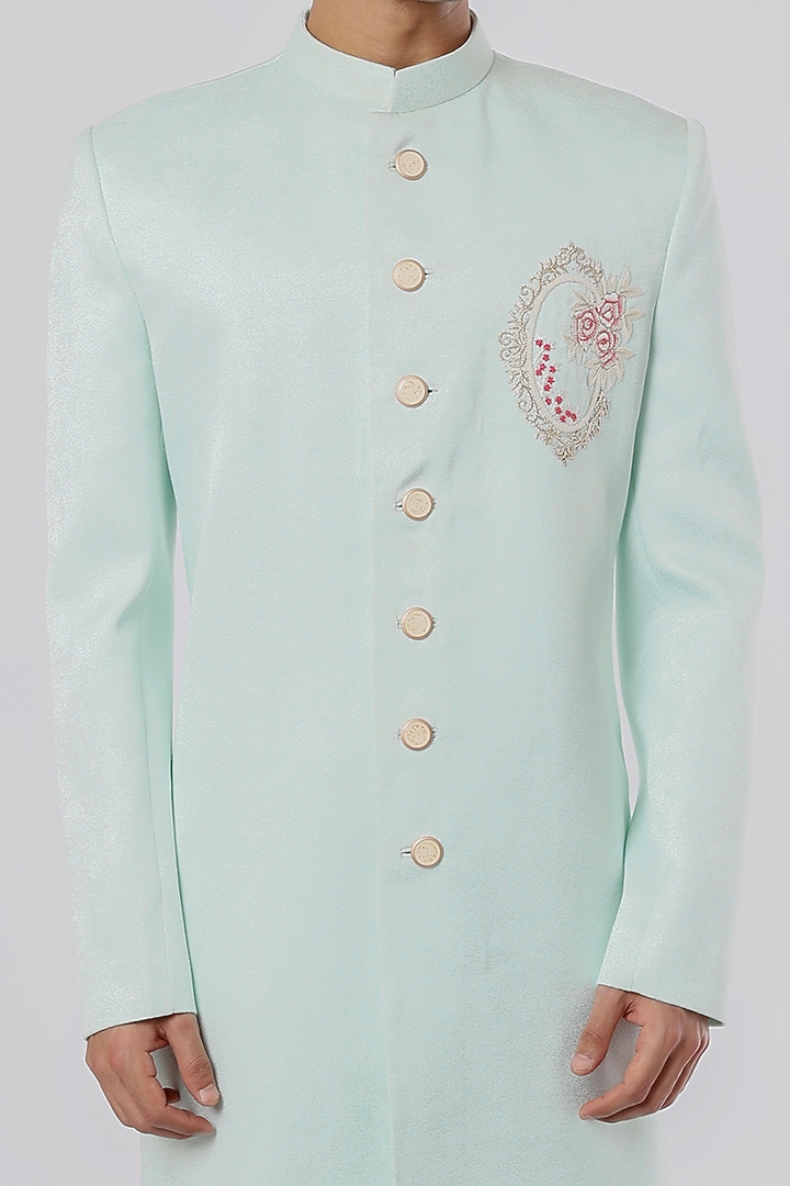 Sky Blue Hand Embroidered Wedding Sherwani Set by Nero by Shaifali & Satya at Pernia's Pop Up Shop
