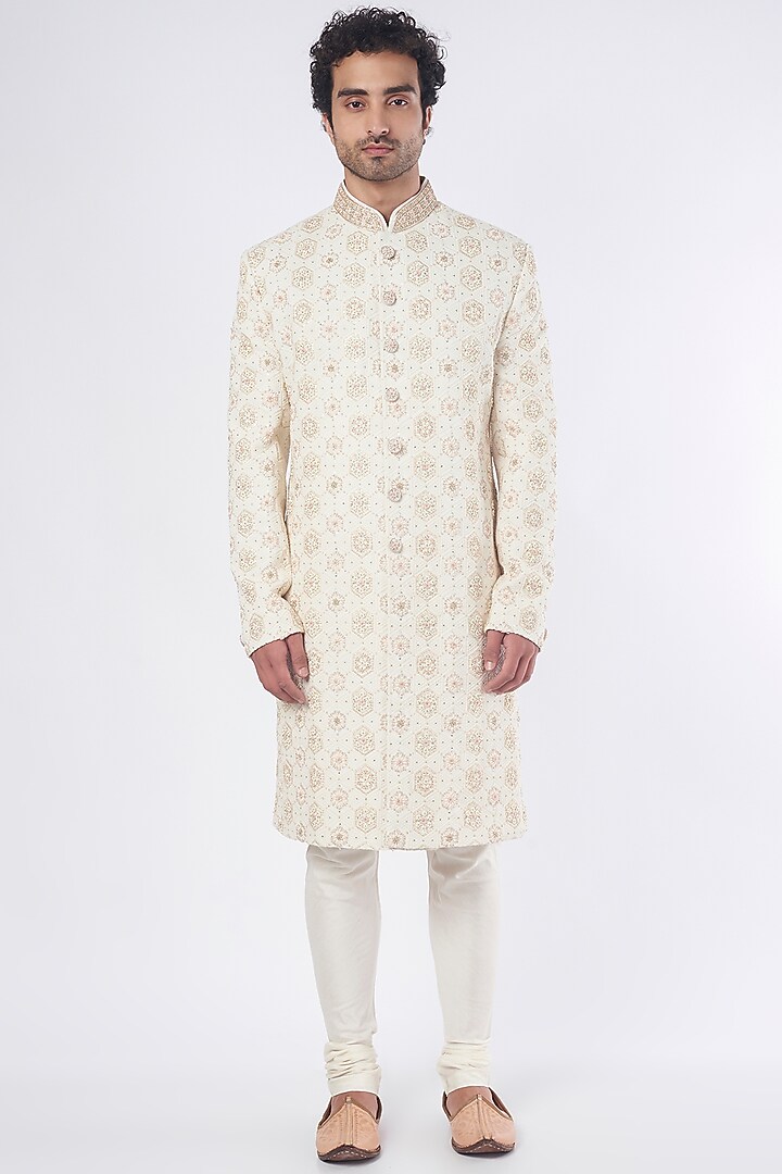 Beige Raw Silk Zardosi Hand Embroidered Wedding Sherwani Set by Nero by Shaifali & Satya at Pernia's Pop Up Shop