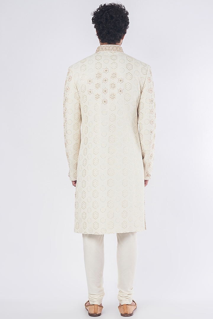 Beige Raw Silk Zardosi Hand Embroidered Wedding Sherwani Set by Nero by Shaifali & Satya at Pernia's Pop Up Shop