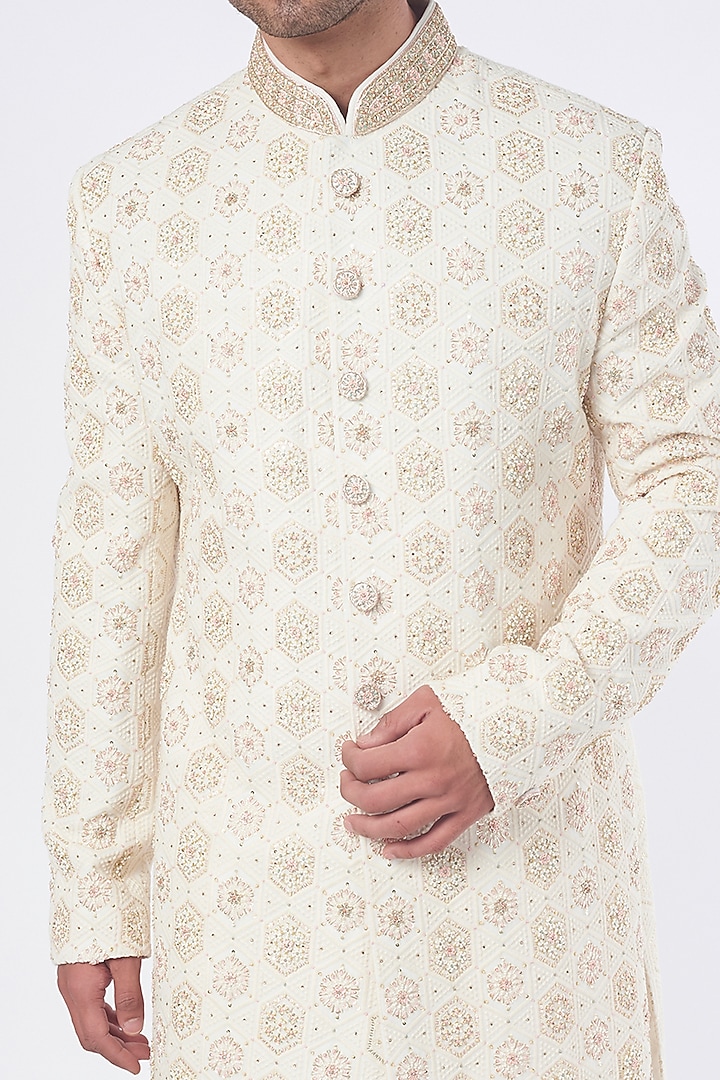 Beige Raw Silk Zardosi Hand Embroidered Wedding Sherwani Set by Nero by Shaifali & Satya at Pernia's Pop Up Shop