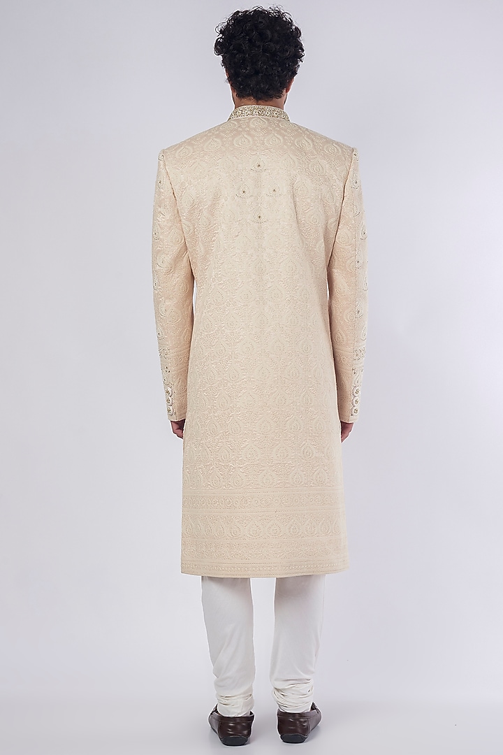 Peach Lucknowi Wedding Sherwani Set by Nero By Shaifali & Satya at Pernia's Pop Up Shop