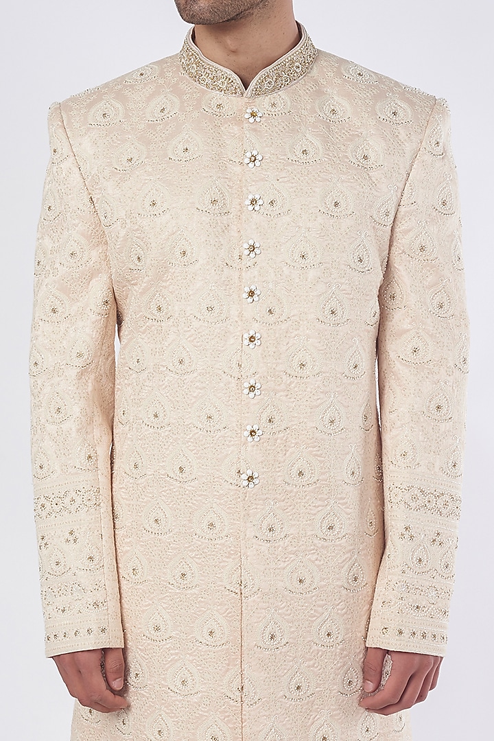 Peach Lucknowi Wedding Sherwani Set by Nero By Shaifali & Satya at Pernia's Pop Up Shop