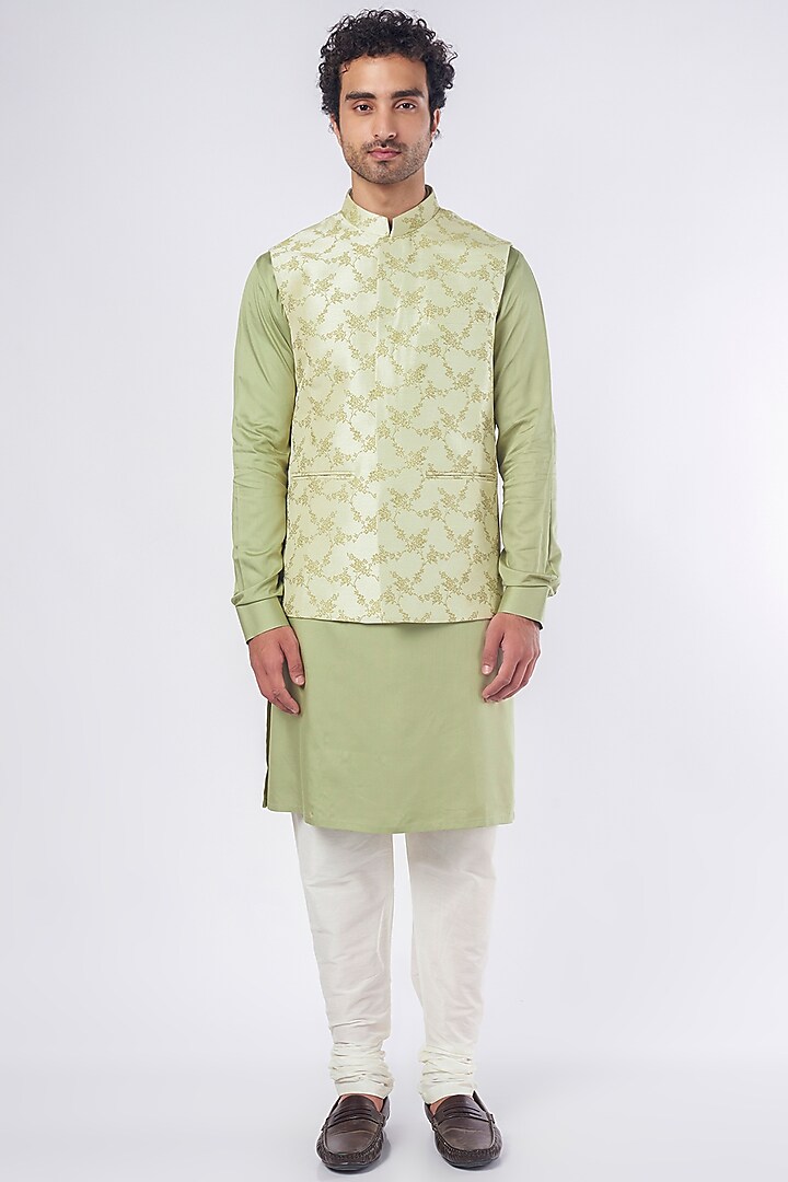 Beige Jacquard Bundi Jacket Set Design by Nero By Shaifali & Satya at ...