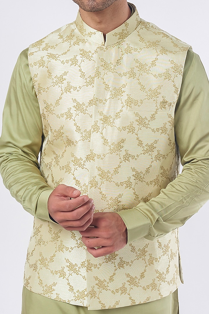 Beige Jacquard Bundi Jacket Set by Nero by Shaifali & Satya at Pernia's Pop Up Shop