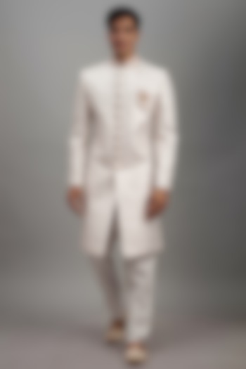 White Lucknowi Embroidered Wedding Sherwani Set by Nero by Shaifali & Satya at Pernia's Pop Up Shop