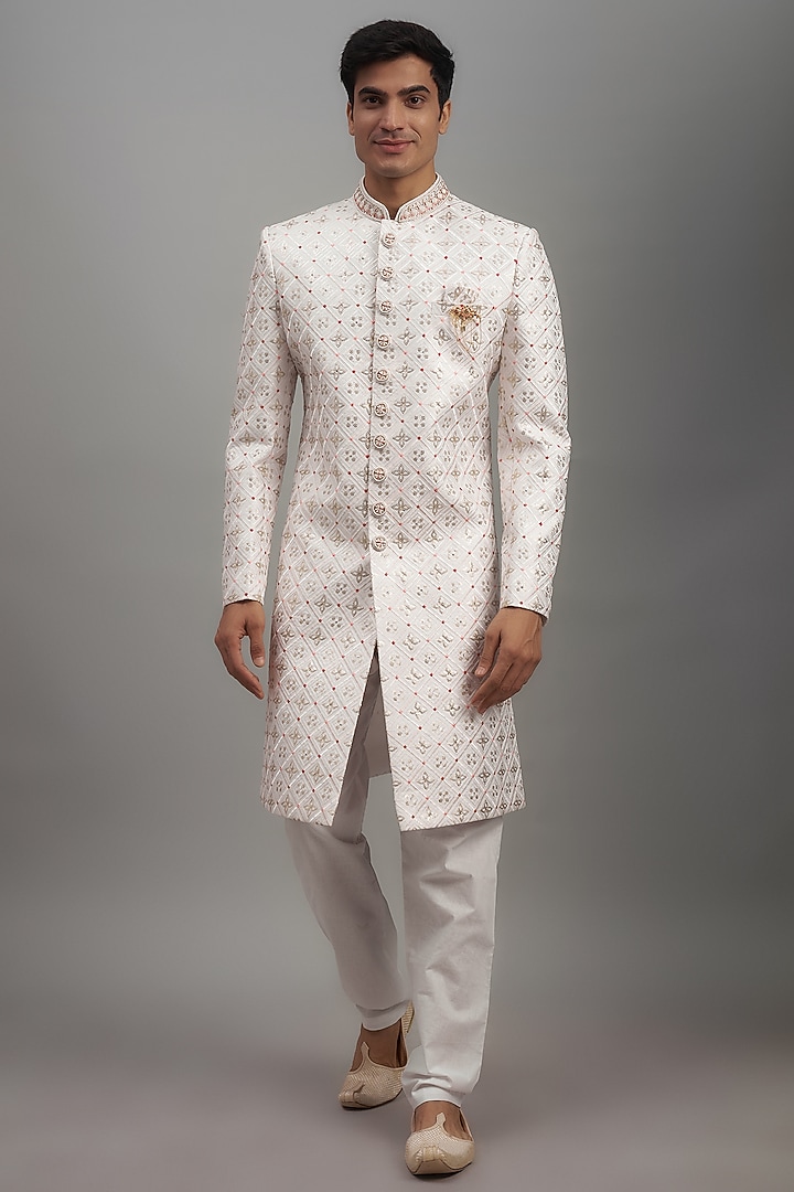 White Lucknowi Embroidered Wedding Sherwani Set by Nero by Shaifali & Satya at Pernia's Pop Up Shop