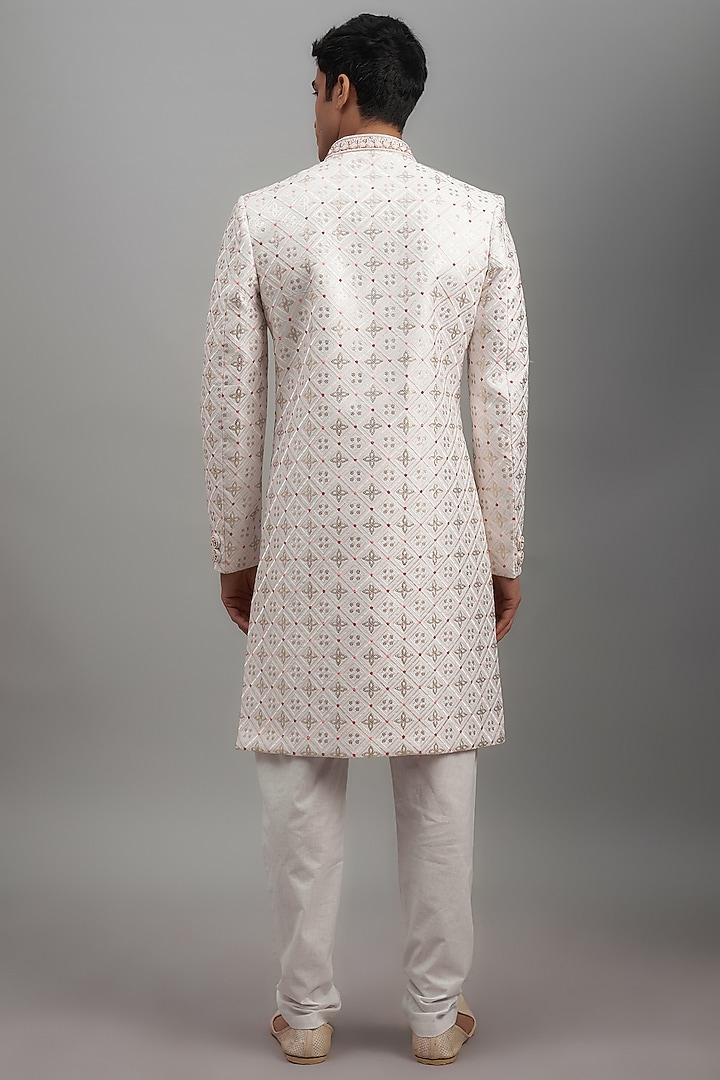 SEASHELL WHITE LUCKNOWI VELVET SHERWANI SET main image 1