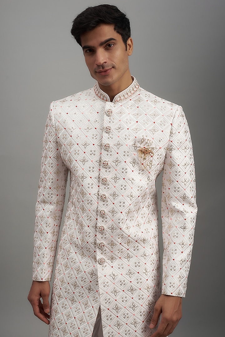 White Lucknowi Embroidered Wedding Sherwani Set by Nero by Shaifali & Satya at Pernia's Pop Up Shop