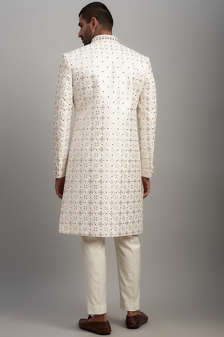 White Lucknowi Embroidered Wedding Sherwani Set by Nero by Shaifali & Satya at Pernia's Pop Up Shop
