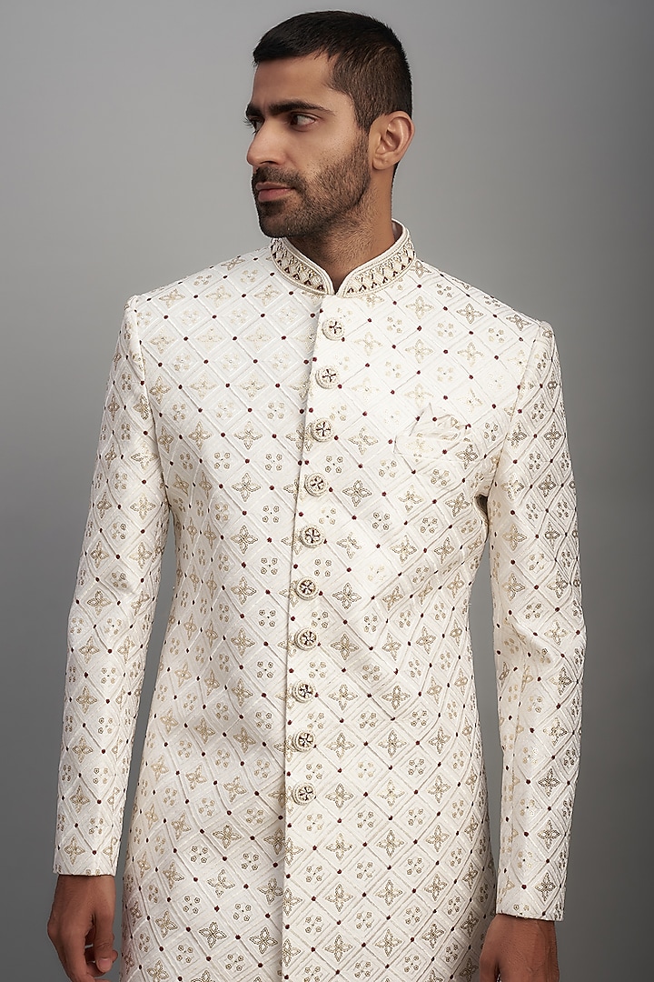 White Lucknowi Embroidered Wedding Sherwani Set by Nero by Shaifali & Satya at Pernia's Pop Up Shop