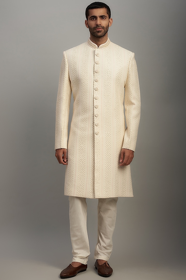 Ivory Lucknowi Embroidered Wedding Sherwani Set by Nero by Shaifali & Satya at Pernia's Pop Up Shop