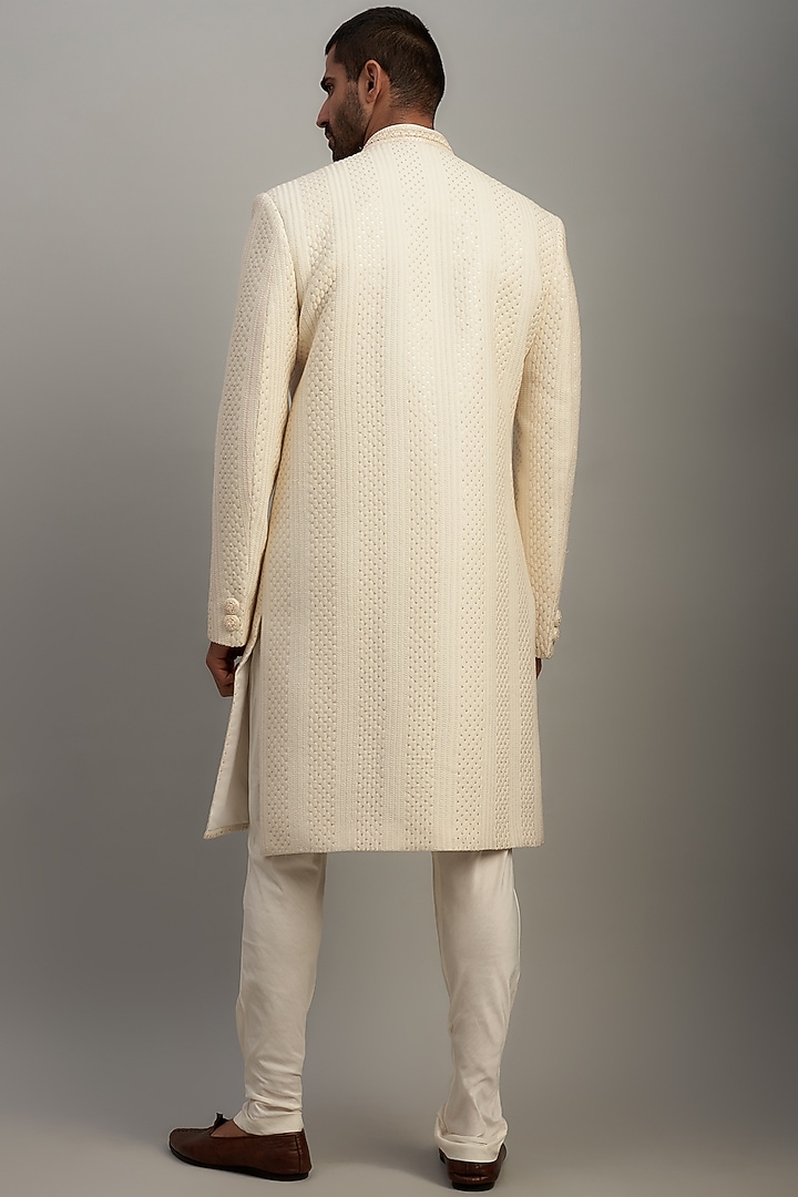 Ivory Lucknowi Embroidered Wedding Sherwani Set by Nero by Shaifali & Satya at Pernia's Pop Up Shop