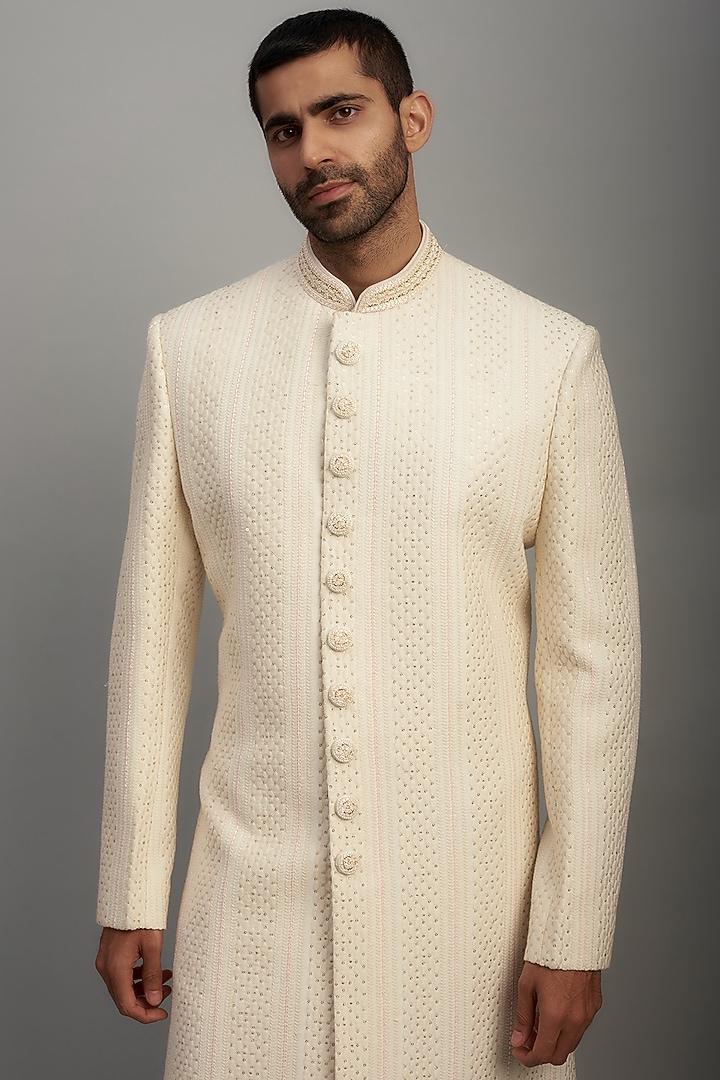 Ivory Lucknowi Embroidered Wedding Sherwani Set by Nero by Shaifali & Satya at Pernia's Pop Up Shop