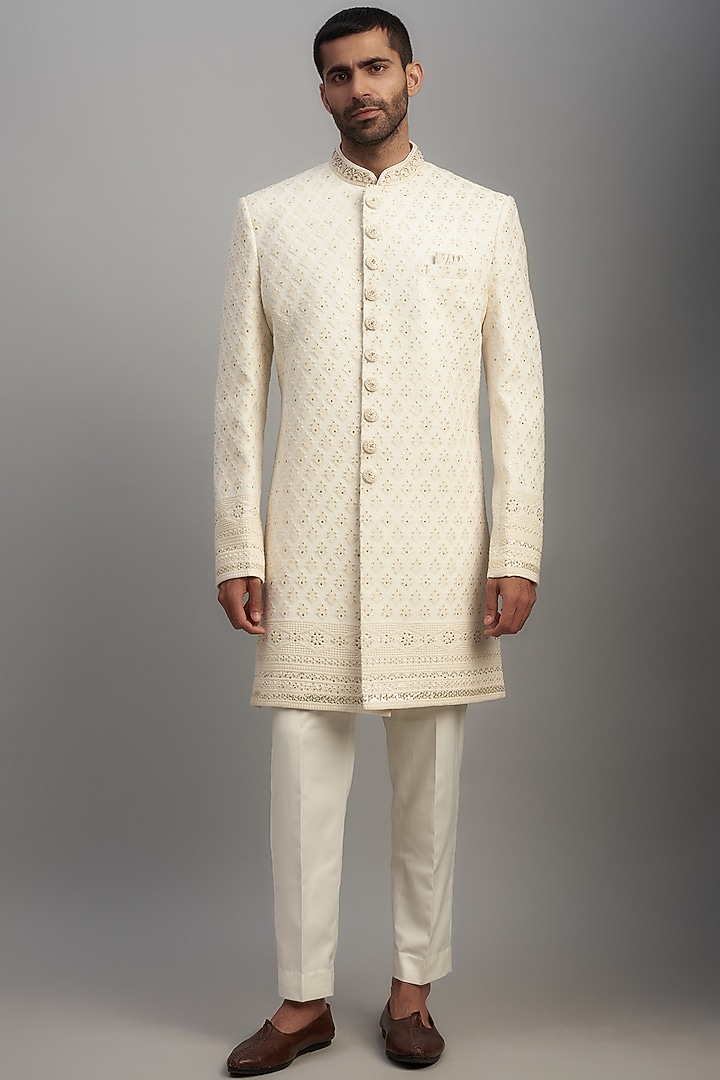 White Lucknowi Embroidered Wedding Sherwani Set by Nero by Shaifali & Satya at Pernia's Pop Up Shop
