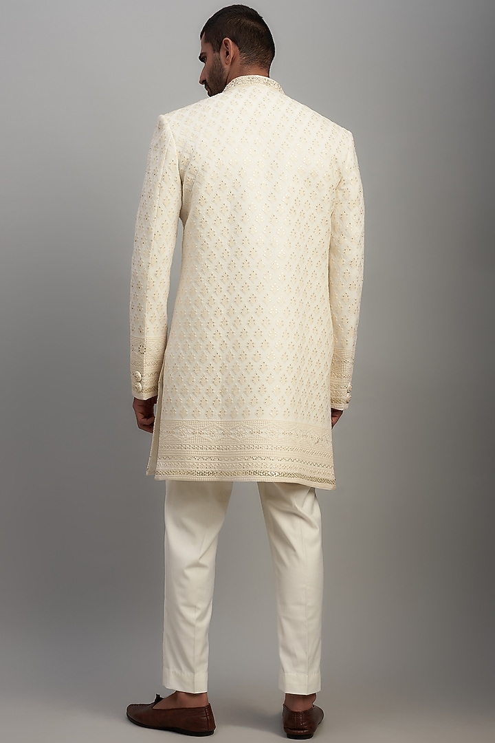 White Lucknowi Embroidered Wedding Sherwani Set by Nero by Shaifali & Satya at Pernia's Pop Up Shop
