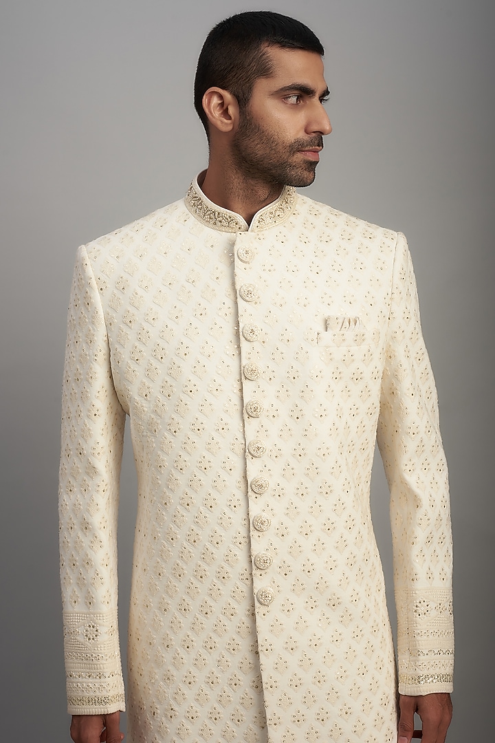 White Lucknowi Embroidered Wedding Sherwani Set by Nero by Shaifali & Satya at Pernia's Pop Up Shop