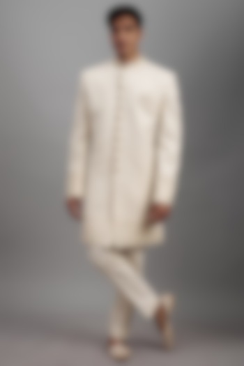 Ivory Lucknowi Embroidered Wedding Sherwani Set by Nero by Shaifali & Satya at Pernia's Pop Up Shop