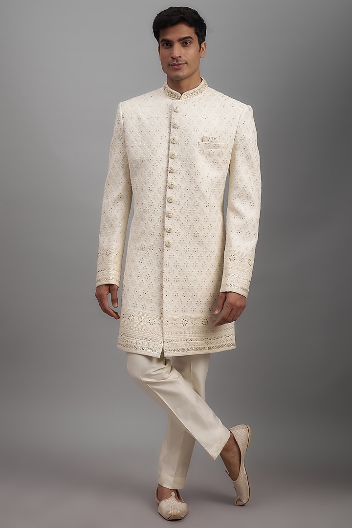 Ivory Lucknowi Embroidered Wedding Sherwani Set by Nero by Shaifali & Satya at Pernia's Pop Up Shop