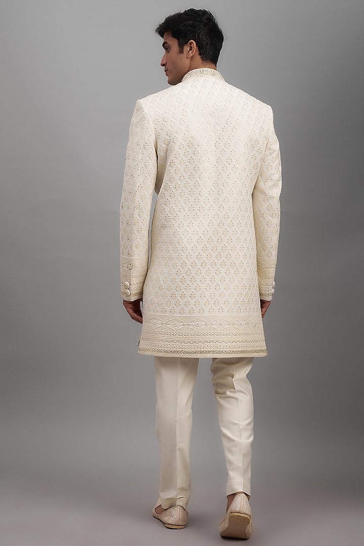 Ivory Lucknowi Embroidered Wedding Sherwani Set by Nero by Shaifali & Satya at Pernia's Pop Up Shop