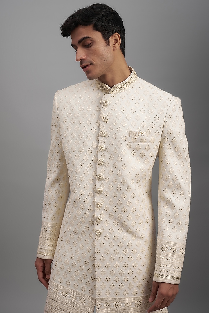 Ivory Lucknowi Embroidered Wedding Sherwani Set by Nero by Shaifali & Satya at Pernia's Pop Up Shop