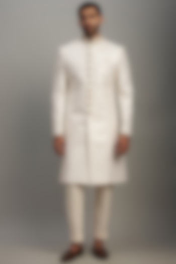 White Lucknowi Embroidered Wedding Sherwani Set by Nero by Shaifali & Satya at Pernia's Pop Up Shop