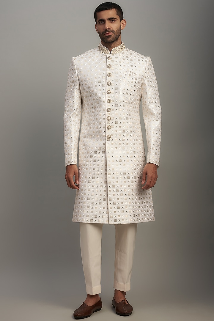 White Lucknowi Embroidered Wedding Sherwani Set by Nero by Shaifali & Satya at Pernia's Pop Up Shop