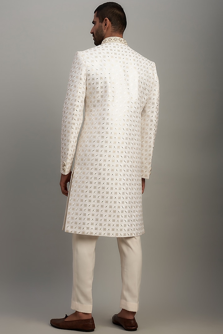 White Lucknowi Embroidered Wedding Sherwani Set by Nero by Shaifali & Satya at Pernia's Pop Up Shop