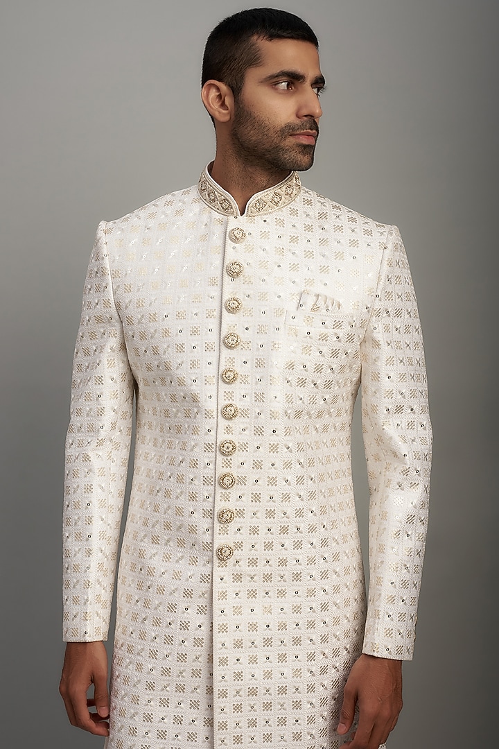 White Lucknowi Embroidered Wedding Sherwani Set by Nero by Shaifali & Satya at Pernia's Pop Up Shop