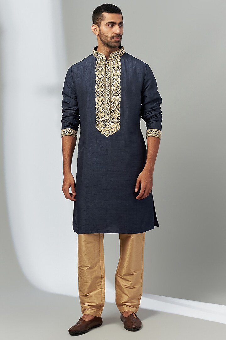 Blue Silk Embroidered Kurta Set by Nero by Shaifali & Satya at Pernia's Pop Up Shop