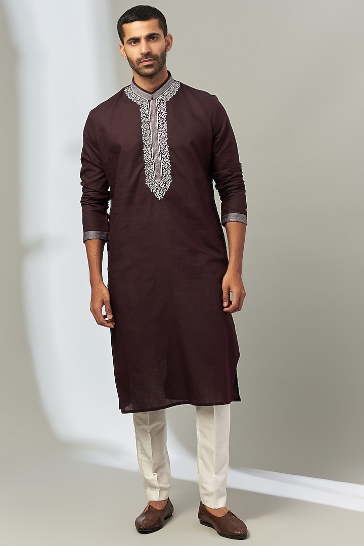 Maroon Cotton Embroidered Kurta Set by Nero by Shaifali & Satya at Pernia's Pop Up Shop