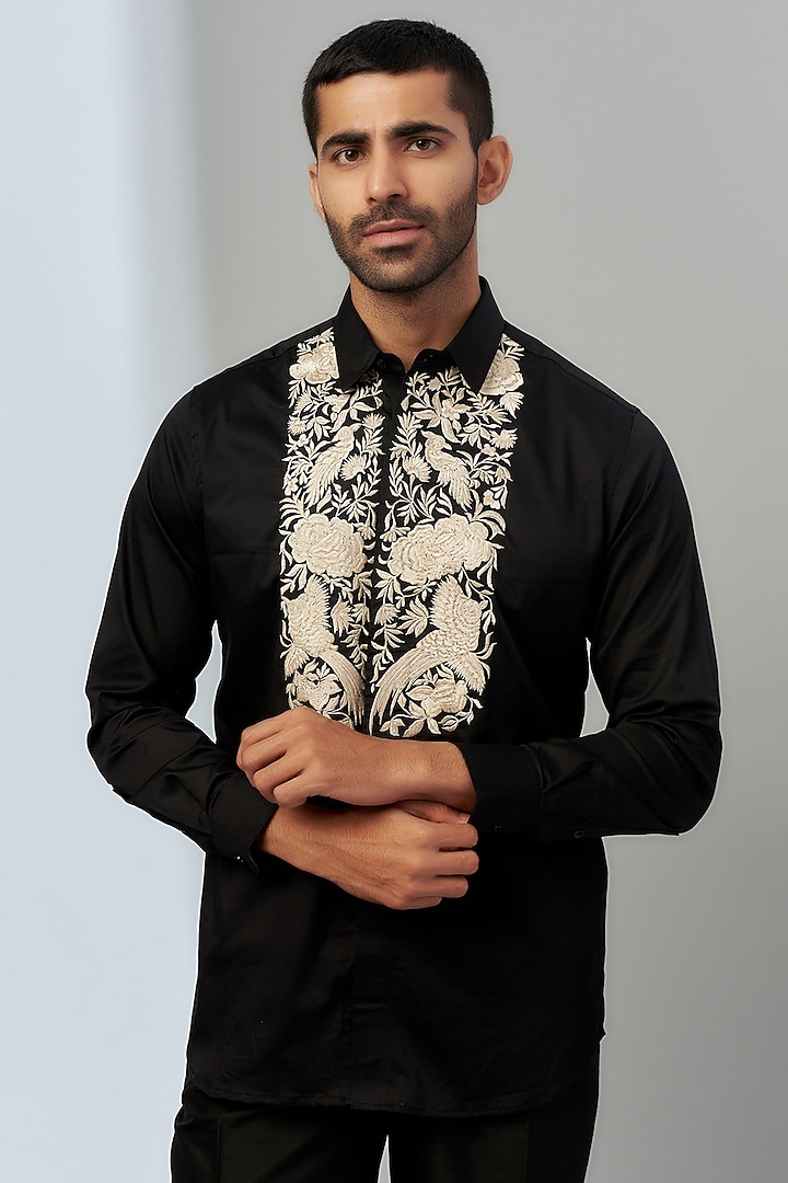 Black Cotton Embroidered Party Wear Shirt by Nero by Shaifali & Satya at Pernia's Pop Up Shop