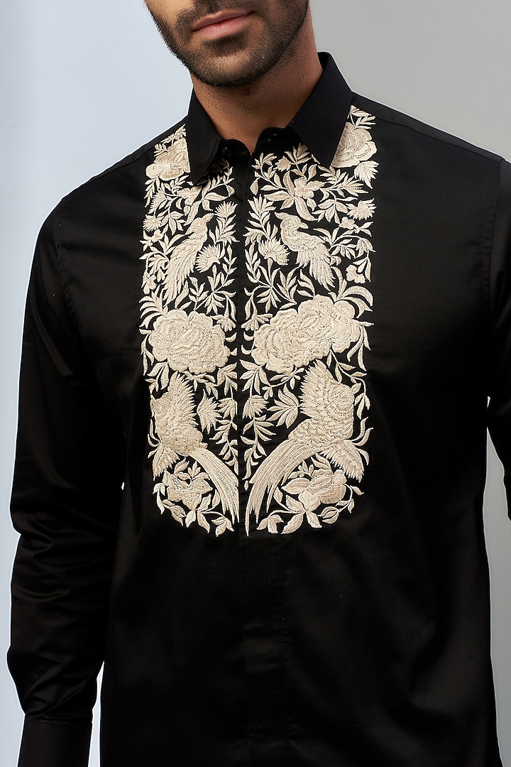 Black Cotton Embroidered Party Wear Shirt by Nero by Shaifali & Satya at Pernia's Pop Up Shop