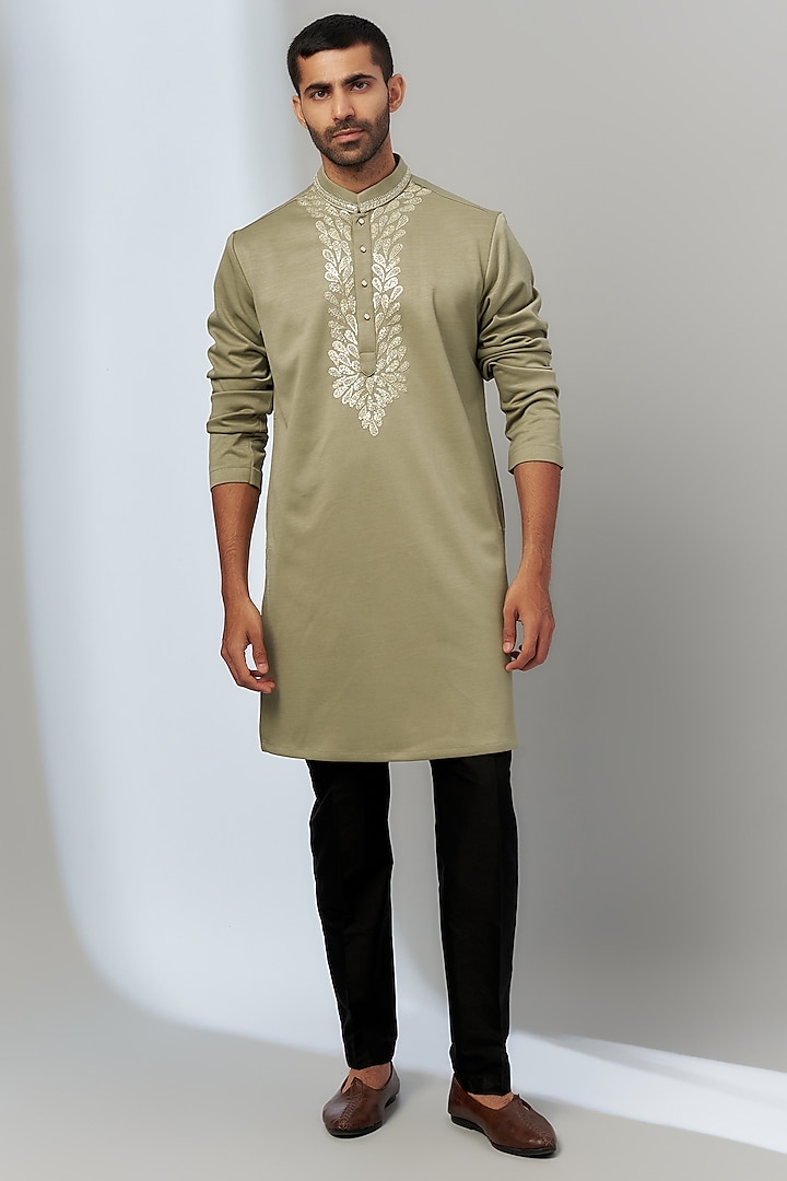 Green Suiting Embroidered Kurta Set by Nero by Shaifali & Satya