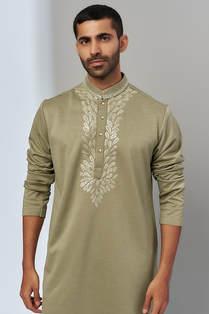 Green Suiting Embroidered Kurta Set by Nero by Shaifali & Satya at Pernia's Pop Up Shop
