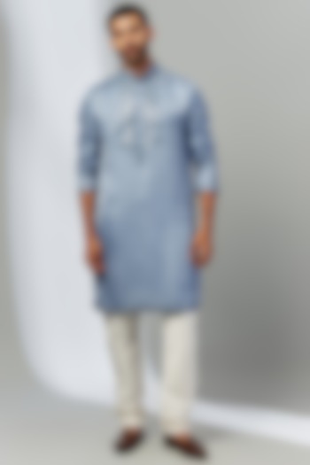 Blue Linen Satin Embroidered Kurta Set by Nero by Shaifali & Satya