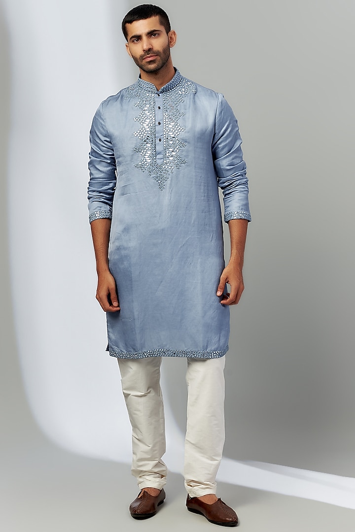 Blue Linen Satin Embroidered Kurta Set by Nero by Shaifali & Satya