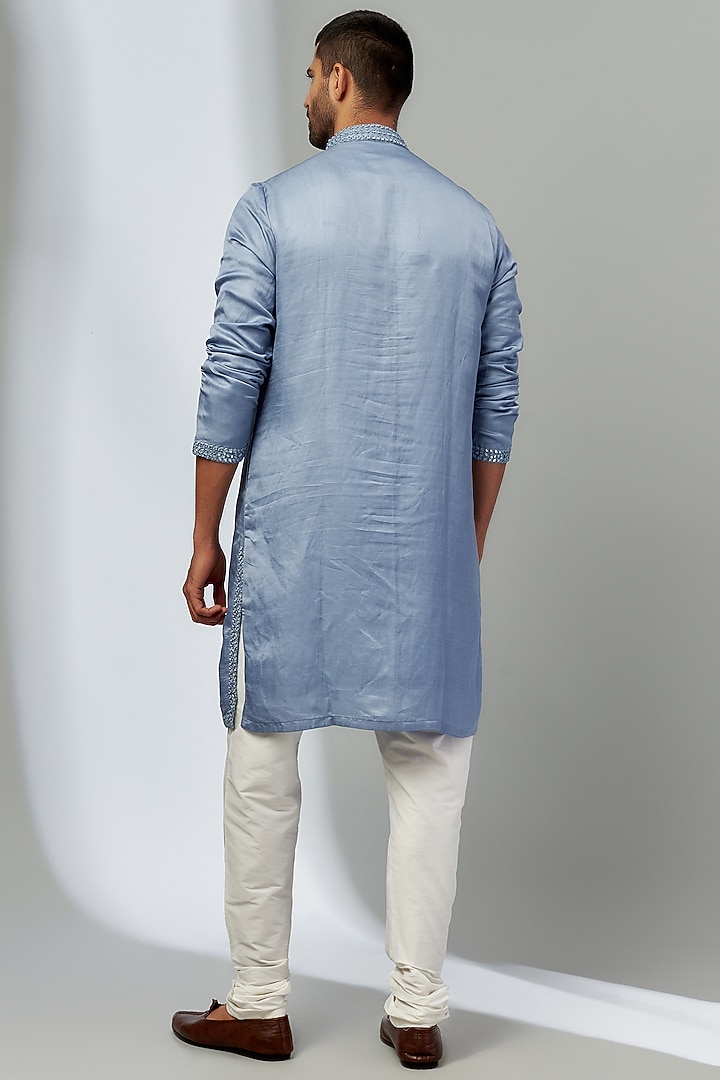 Blue Linen Satin Embroidered Kurta Set by Nero by Shaifali & Satya at Pernia's Pop Up Shop