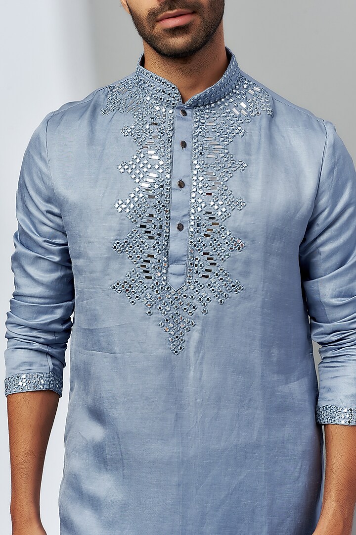 Blue Linen Satin Embroidered Kurta Set by Nero by Shaifali & Satya at Pernia's Pop Up Shop