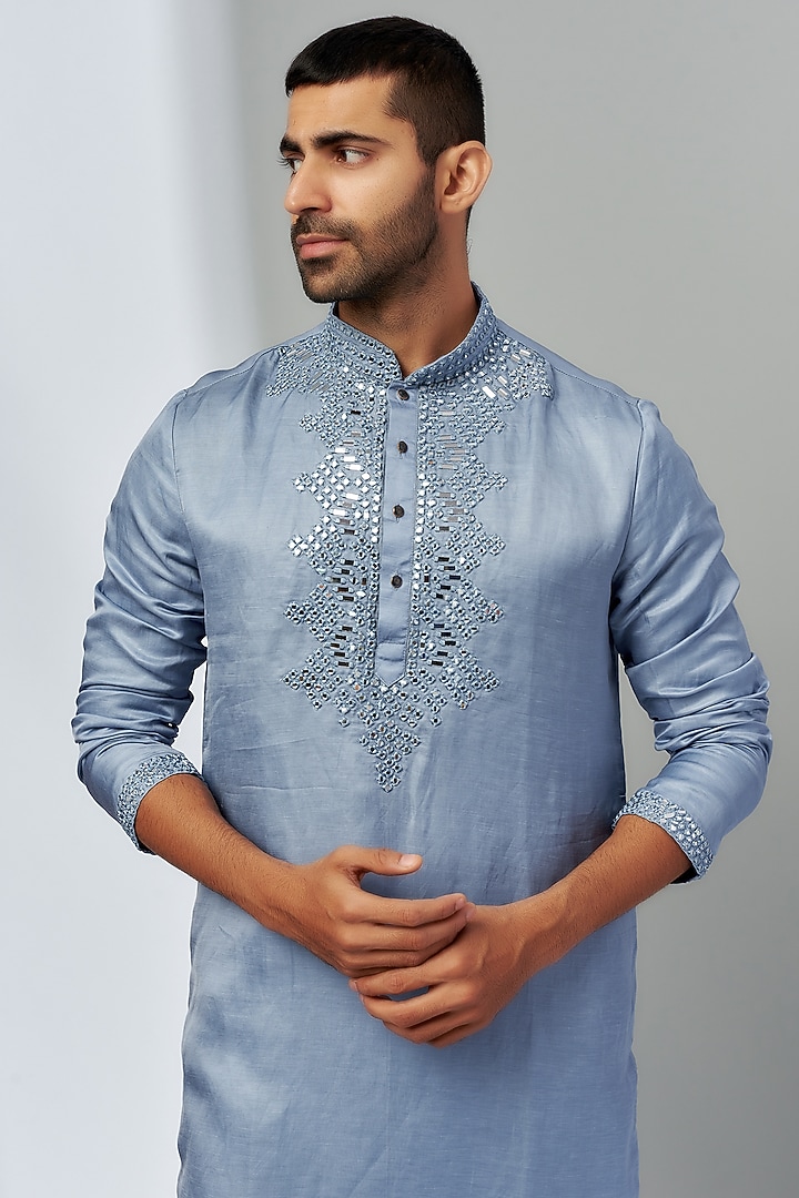 Blue Linen Satin Embroidered Kurta Set by Nero by Shaifali & Satya at Pernia's Pop Up Shop