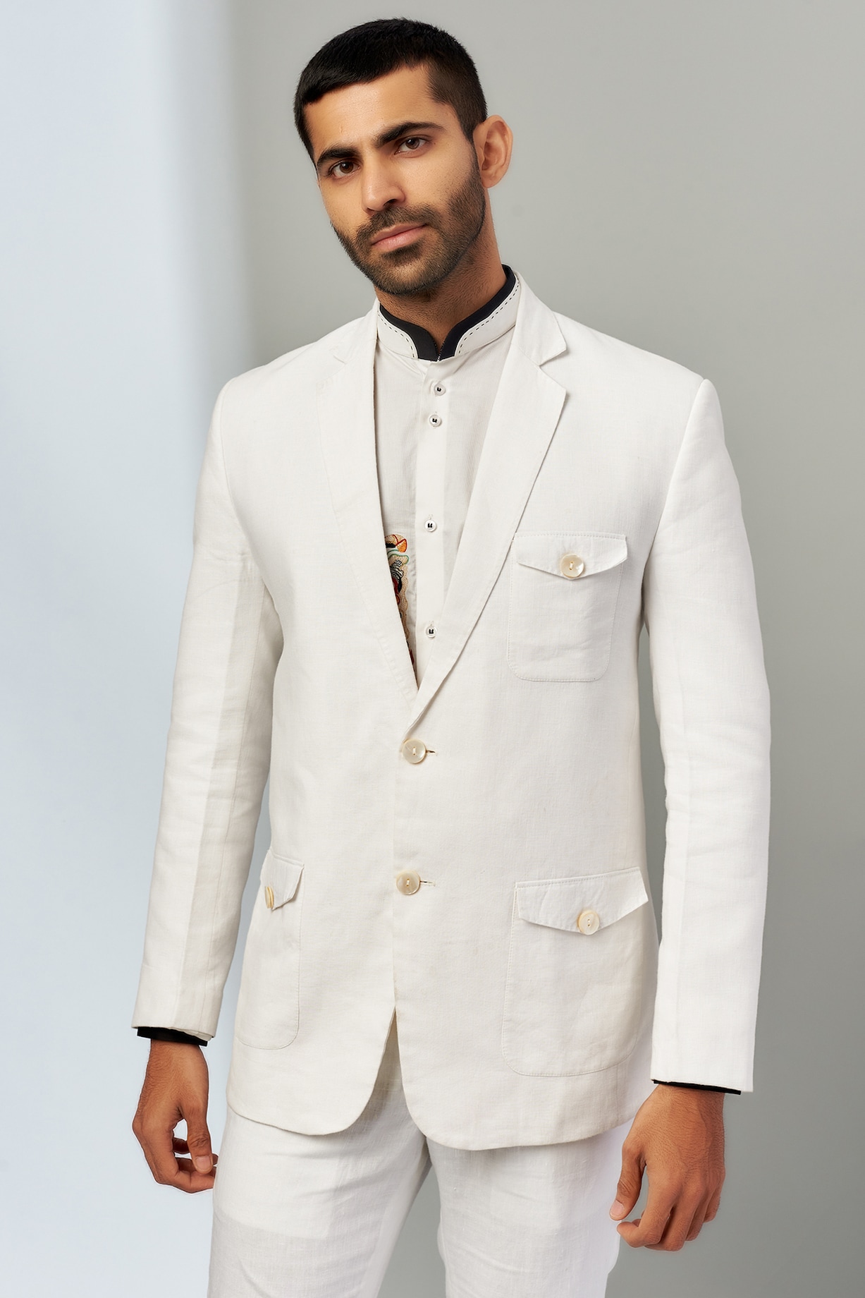 White Linen Blazer Set by Nero by Shaifali & Satya at Pernia