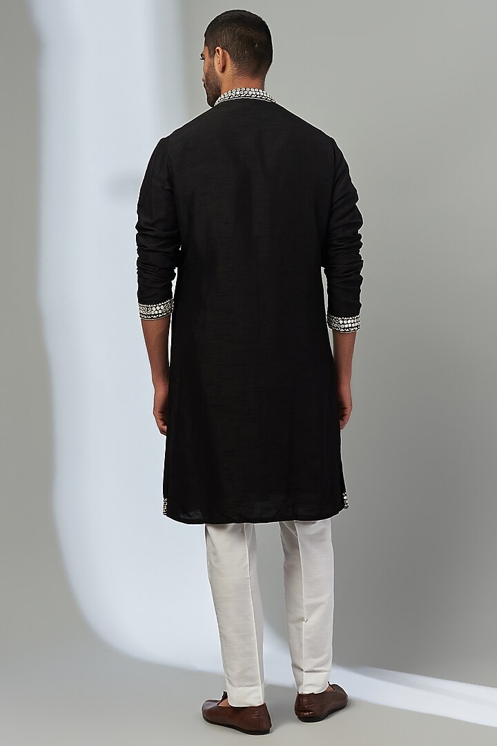 Black Silk Embroidered Kurta Set by Nero by Shaifali & Satya at Pernia's Pop Up Shop