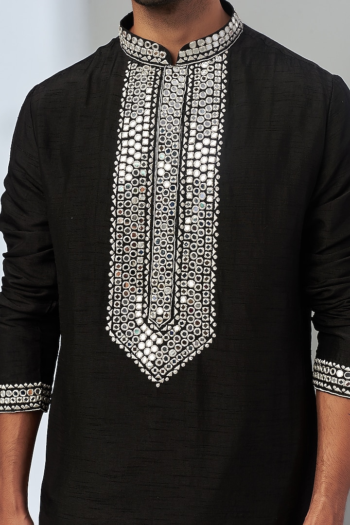 Black Silk Embroidered Kurta Set by Nero by Shaifali & Satya at Pernia's Pop Up Shop