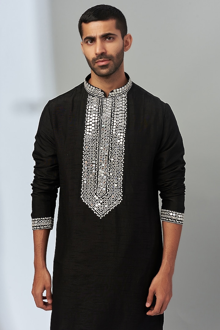 Black Silk Embroidered Kurta Set by Nero by Shaifali & Satya at Pernia's Pop Up Shop