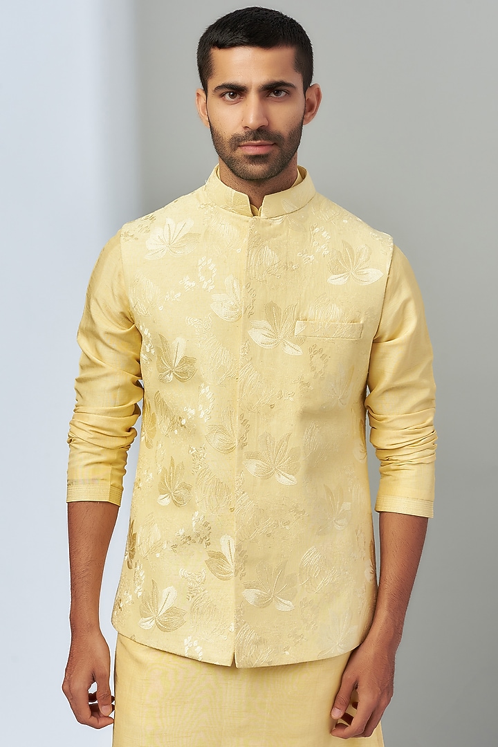 Yellow Dupion Silk Embroidered Bundi Jacket Set by Nero by Shaifali & Satya at Pernia's Pop Up Shop