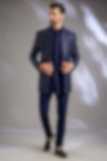 Blue Lucknowi Handwork Open Jacket Set by Nero By Shaifali & Satya at Pernia's Pop Up Shop