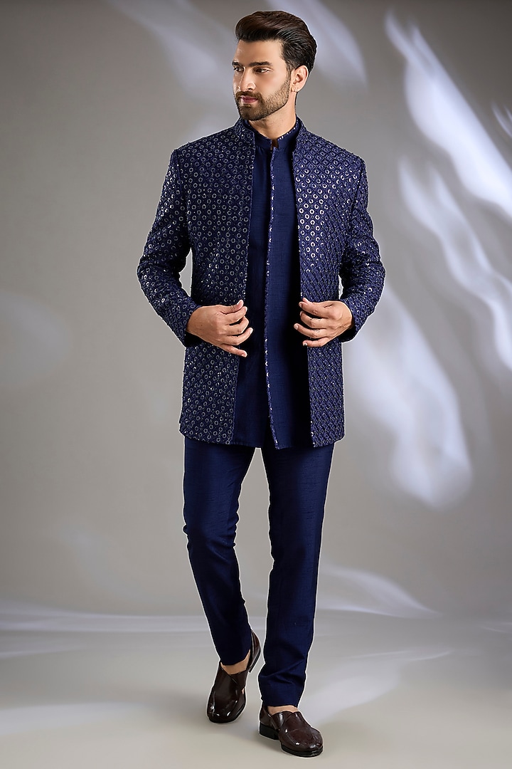 Blue Lucknowi Handwork Open Jacket Set by Nero By Shaifali & Satya at Pernia's Pop Up Shop