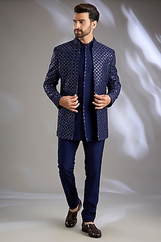 Blue Lucknowi Handwork Open Jacket Set by Nero By Shaifali & Satya