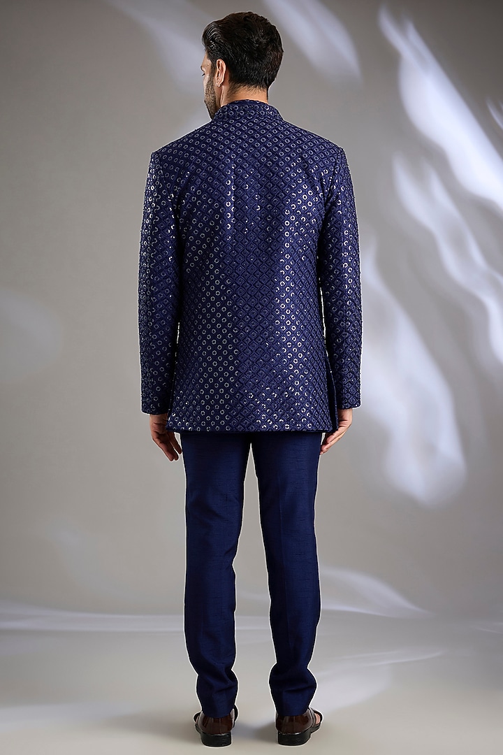 Blue Lucknowi Handwork Open Jacket Set by Nero By Shaifali & Satya at Pernia's Pop Up Shop